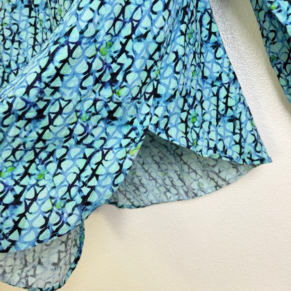 Finley Top Womens Medium Blue Shirt Long Sleeve V Neck Printed Boho Artsy Blouse - Picture 8 of 10